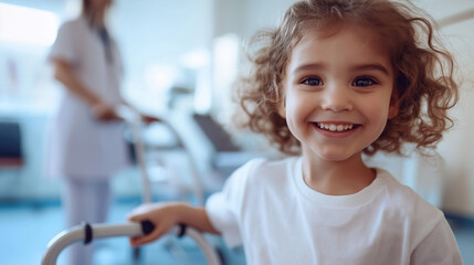 Smiling child with walker during hospital therapy