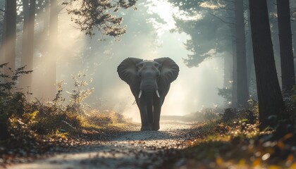 Elephant Emerging Through Morning Fog