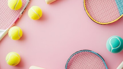 overhead view of tennis objects on soft pink gym background with pastel harmony