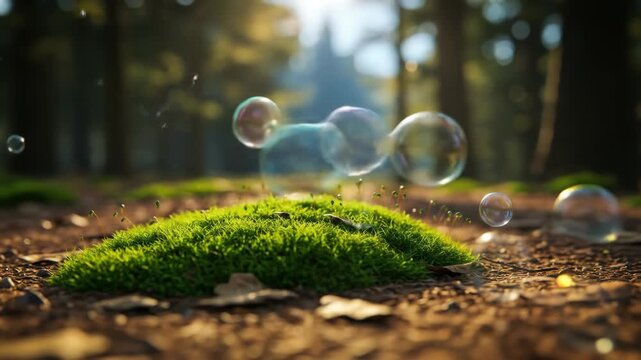 A close-up shot of a vibrant moss patch on forest floor, surrounded by soap bubbles reflecting light, with blurred trees