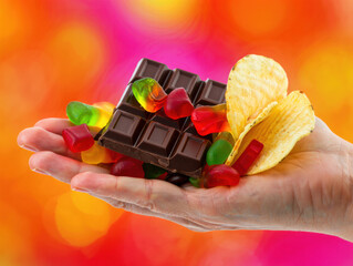 Hand holding assorted snacks — sweet and salty mix, isolated on colorful background