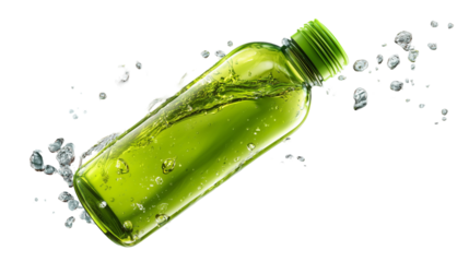 A clear, reusable plastic water flask with its cap open and slightly tilted back, filled with pure light-green tea, floats weight. Transparent background