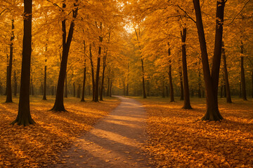 Autumn forest path with fallen golden leaves and soft light, realistic horizontal nature scene with peaceful warm colors