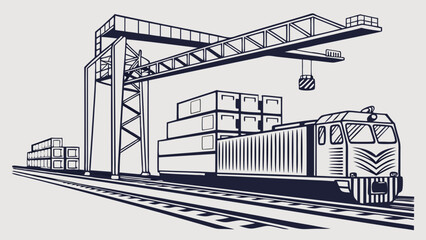 Freight Train Shipping Logistics Illustration with Crane and Containers Delivery Transport