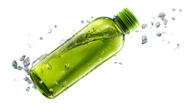 A clear, reusable plastic water flask with its cap open and slightly tilted back, filled with pure light-green tea, floats weight. Transparent background