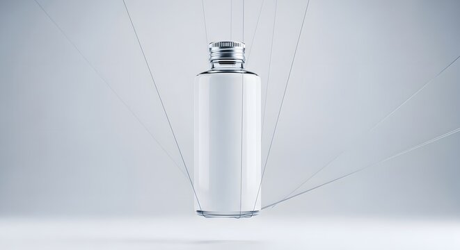 Elegant generic cosmetic bottle suspended against a bright white background with shimmering droplet patterns creating a sophisticated and modern presentation highlighting product design