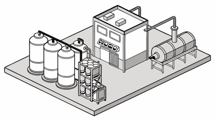 Industrial Facility Illustration Depicting Storage Tanks and Processing Equipment - Vector Art