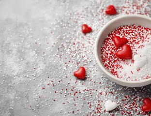 Heart-shaped candies in bowl with sprinkles