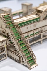 Close up of a miniature wooden structure with stairs and green accents on a white surface indoors