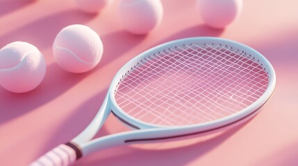 artistic racket and balls on soft pink sport court with warm pastel vibe