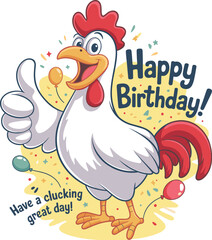 Funny cartoon chicken giving thumbs up, happy birthday greeting card design, rooster with balloons and confetti, vector illustration for kids