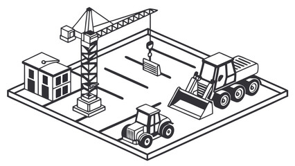Isometric Construction Site Illustration: Vector Graphic of Building Equipment and Crane