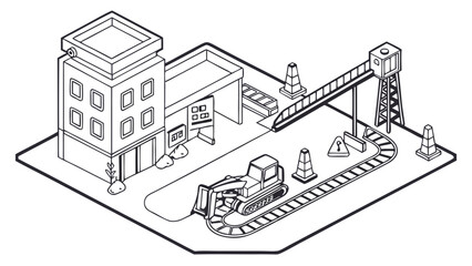 Isometric Construction Site Vector Illustration Black and White Building Concept Design Graphic