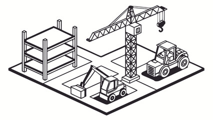 Isometric Construction Vector: Minimalist Black and White Building Site Illustration