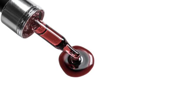 A dropper pouring liquid onto a white flat surface against a white background