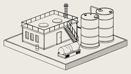 Isometric Industrial Facility Illustration with Tanks and Building Monochrome Vector Graphic Art