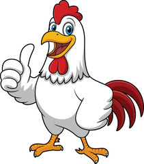 Funny cartoon chicken giving thumbs up, happy farm rooster illustration, smiling poultry mascot character, vector design for kids, isolated