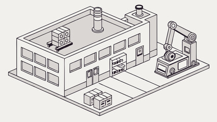 Isometric Industrial Factory Illustration Depicting Production and Automation in Minimalist Style