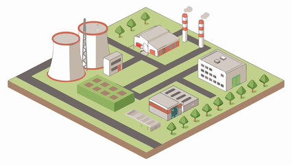 Isometric industrial landscape vector illustration depicting a power plant and factory buildings in a clean minimal style