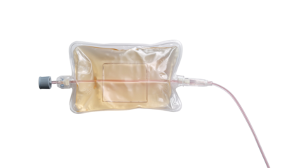 A medical intravenous (IV) bag with a connected tube, floating against a transparent background
