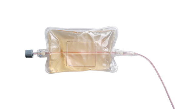 A medical intravenous (IV) bag with a connected tube, floating against a transparent background