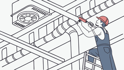 Maintenance Worker Repairing Pipes and Air Conditioning Unit Vector Illustration Design