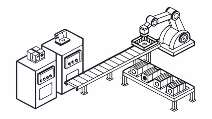 Naklejka premium Line art industrial assembly line with robotic arm and product packaging vector image