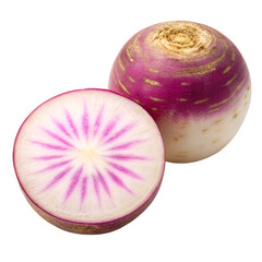 Whole and halved purple top turnip isolated on transparent background