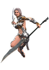 3D illustration of a fierce female warrior in elaborate silver and gold armor, wielding a fantasy sword in a dynamic battle stance. A powerful character in a fantasy setting.