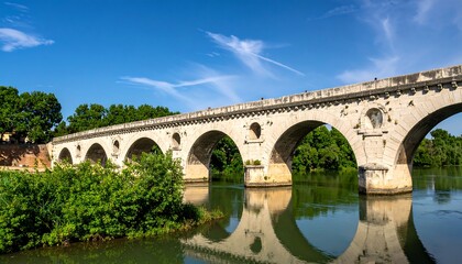Fototapeta premium Ancient stone bridge over a calm river under a partly cloudy sky
