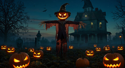 Spooky Cartoon Scarecrow Gracing a Haunted Halloween Night Surrounded by Jack-o'-Lanterns and a Mystical Manor
