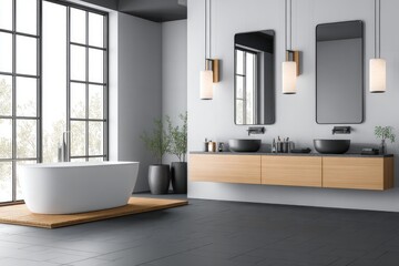 Modern, bright bathroom with large windows