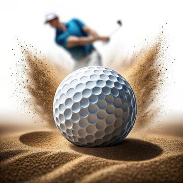 Golfer makes a powerful shot sending a golf ball flying out of a sand trap