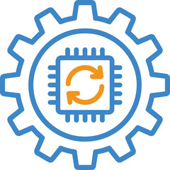 Digital technology icon with a gear and a computer chip with refresh arrows