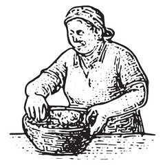 Vintage Black and White Woman Cooking in Kitchen Illustration