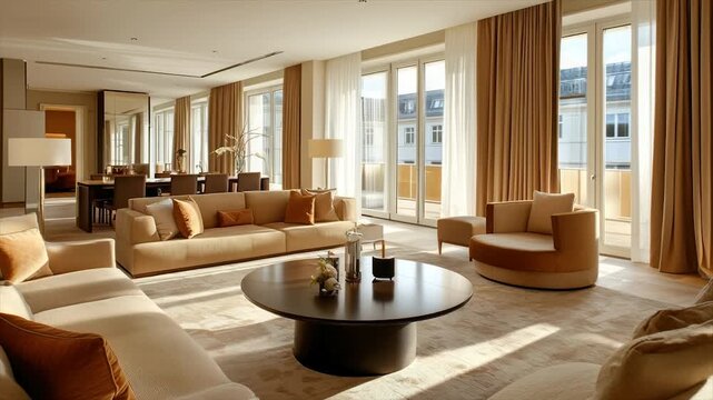 Sunlit luxury suite with expansive windows, beige sofas, dining area, and a plush sitting area