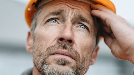 Obraz premium stressed construction worker wearing hard hat concept. Worker with hard hat looking up thoughtfully.