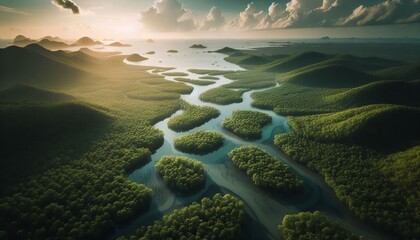 Green mangrove forest, tropical rainforest, aerial view, swamp line