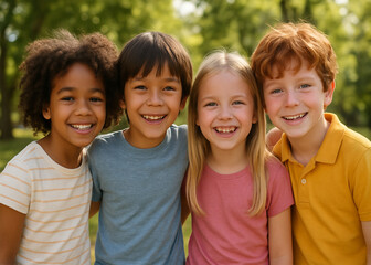 Happy family and children smiling together outdoors in a park