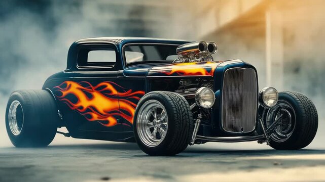 Fiery, black and yellow custom classic car with racing modifications, parked in garage. Flames painted on side represent power and speed.
