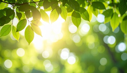 Rich green tree branch with roundish bokeh, sun shining through with lens flare