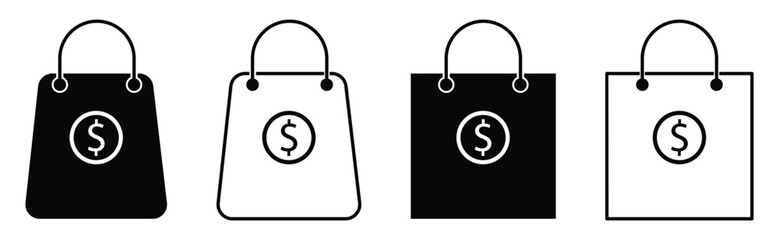 Shopping Bag Icon Set with Dollar Coin – E-commerce, Retail, Purchasing Power, and Financial Exchange Vector illustration.