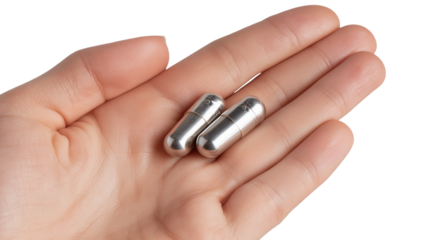 A woman's hand holds 2 silver capsules with vitamin powder, on a white transparent background