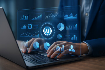 Business professional analyzing AI-powered data dashboards on laptop with futuristic charts and graphs for performance insights
