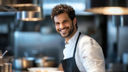 Smiling chef in a busy restaurant kitchen - Powered by Adobe