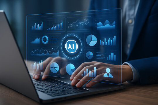 Business professional analyzing AI-powered data dashboards on laptop with futuristic charts and graphs for performance insights
