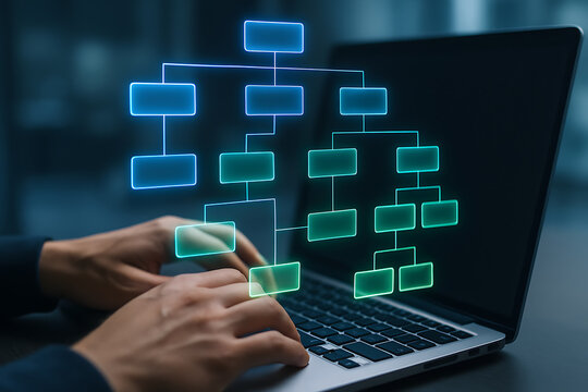 Business professional creating a digital flowchart on a laptop with glowing holographic hierarchy structure for planning, analysis, or system design