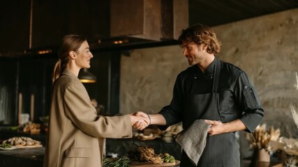 Culinary Agreement: A distinguished chef shakes hands with a client in a high-end kitchen, surrounded by the ambiance of gourmet food and refined culinary skill.