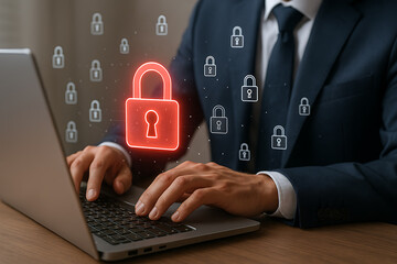 Business professional securing sensitive data on laptop with digital padlock icons representing cybersecurity protection and data encryption