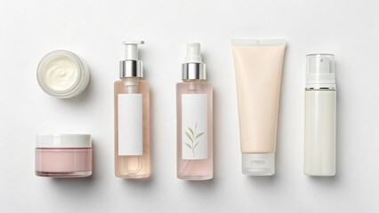 Collection of skincare products and cosmetics arranged on a white background